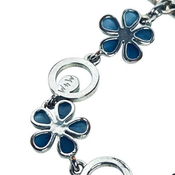 M4M Silver Tone And Blue Rhinestone Floral Link Bracelet Signed 7 1/2” (5920) - Picture 8 of 9